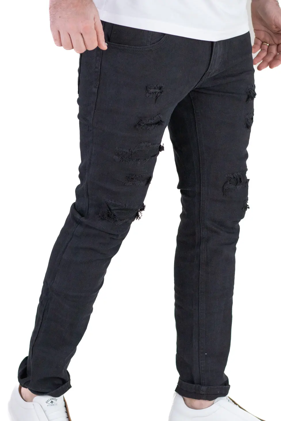 Blugi Bărbați Slim Fit Negri, Aspect Destroyed cu Rupturi și Elastan [2]