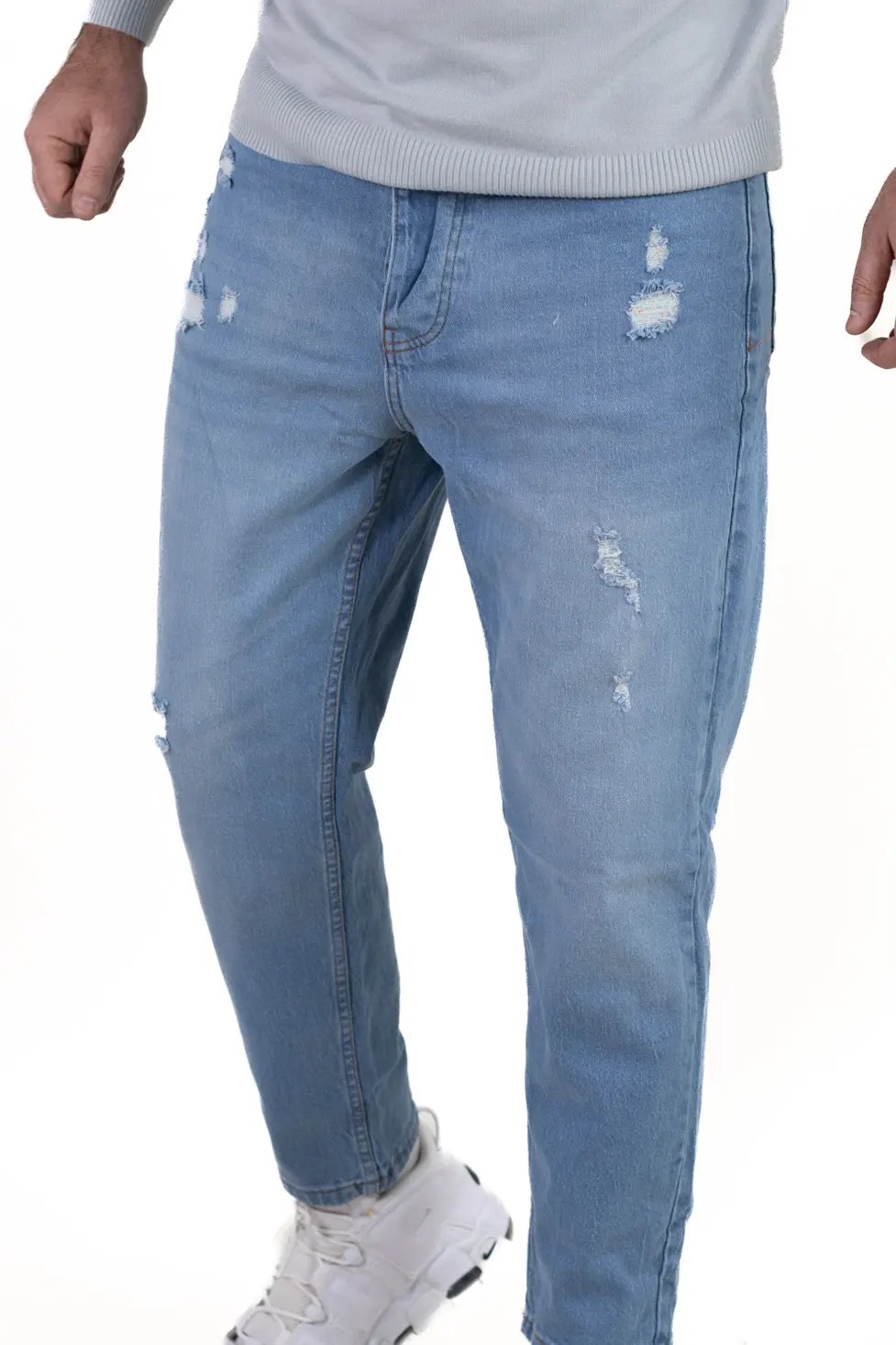 Blugi boyfriend bărbați din bumbac 100%, albastru deschis cu rupturi [2]