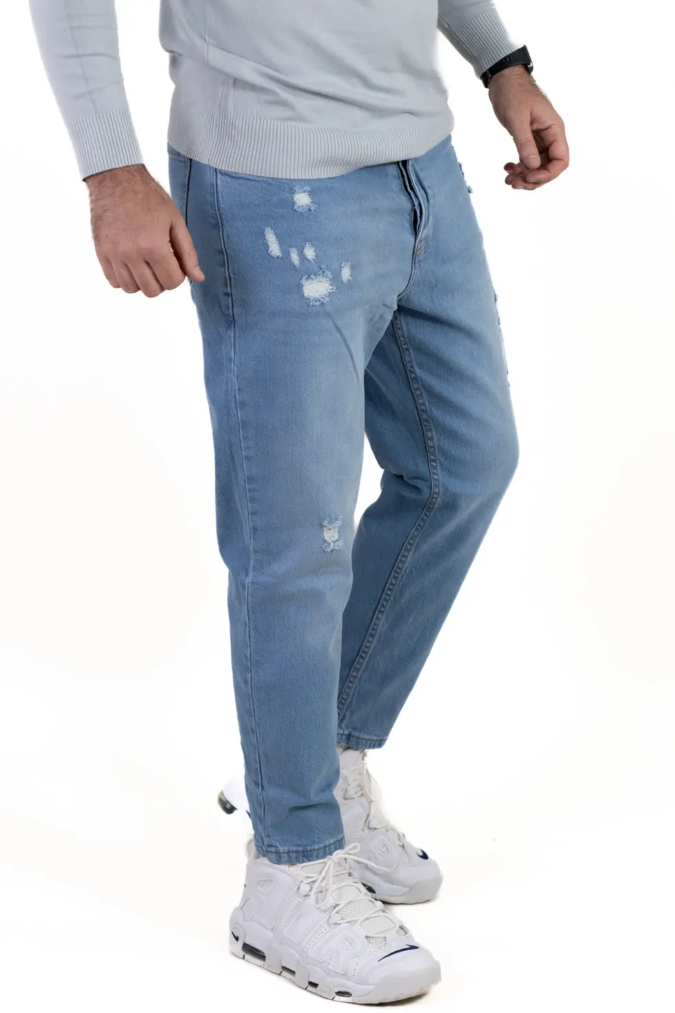 Noutati - Blugi boyfriend bărbați din bumbac 100%, albastru deschis cu rupturi