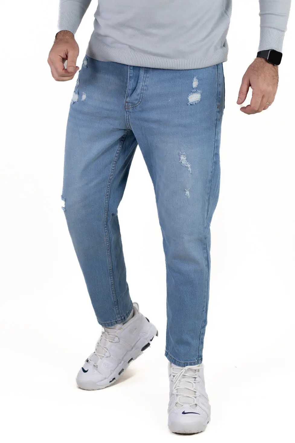 Blugi boyfriend bărbați din bumbac 100%, albastru deschis cu rupturi [4]