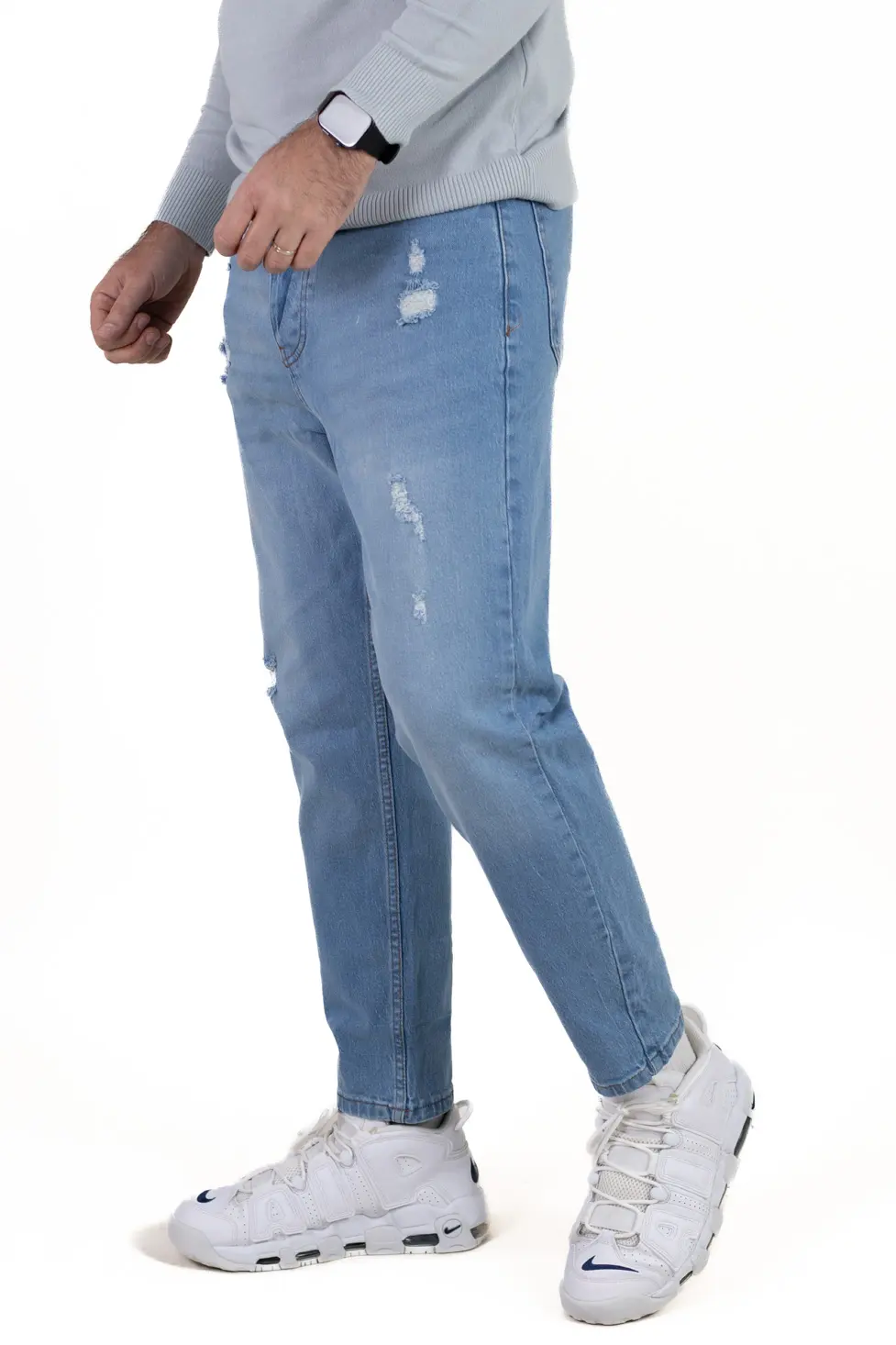 Blugi boyfriend bărbați din bumbac 100%, albastru deschis cu rupturi [5]