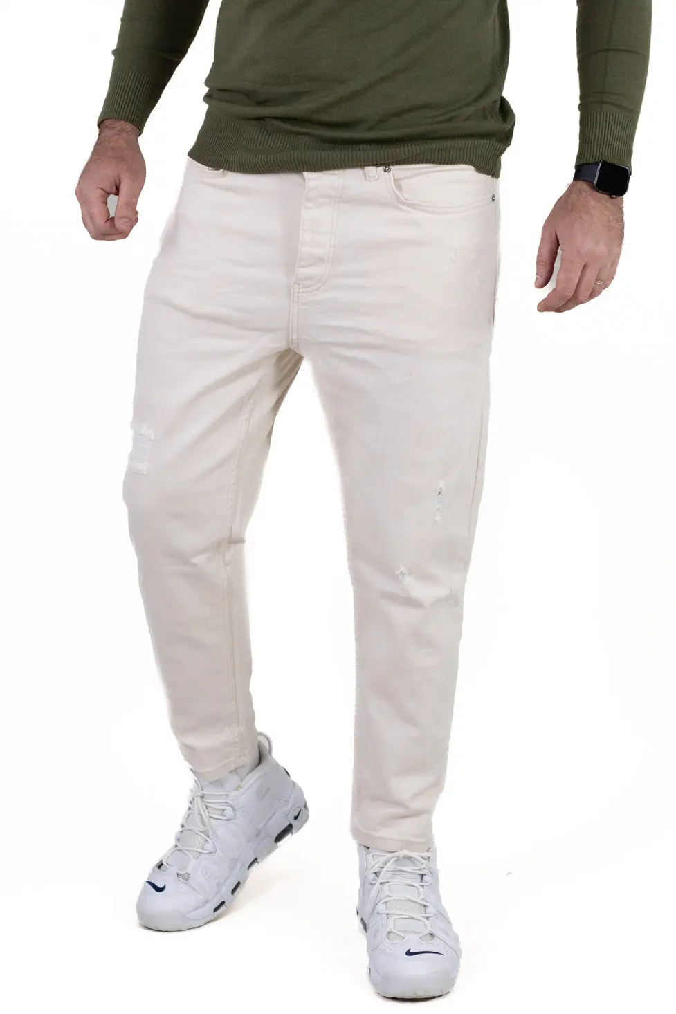 Blugi simpli boyfriend bărbați crem cu rupturi [1]