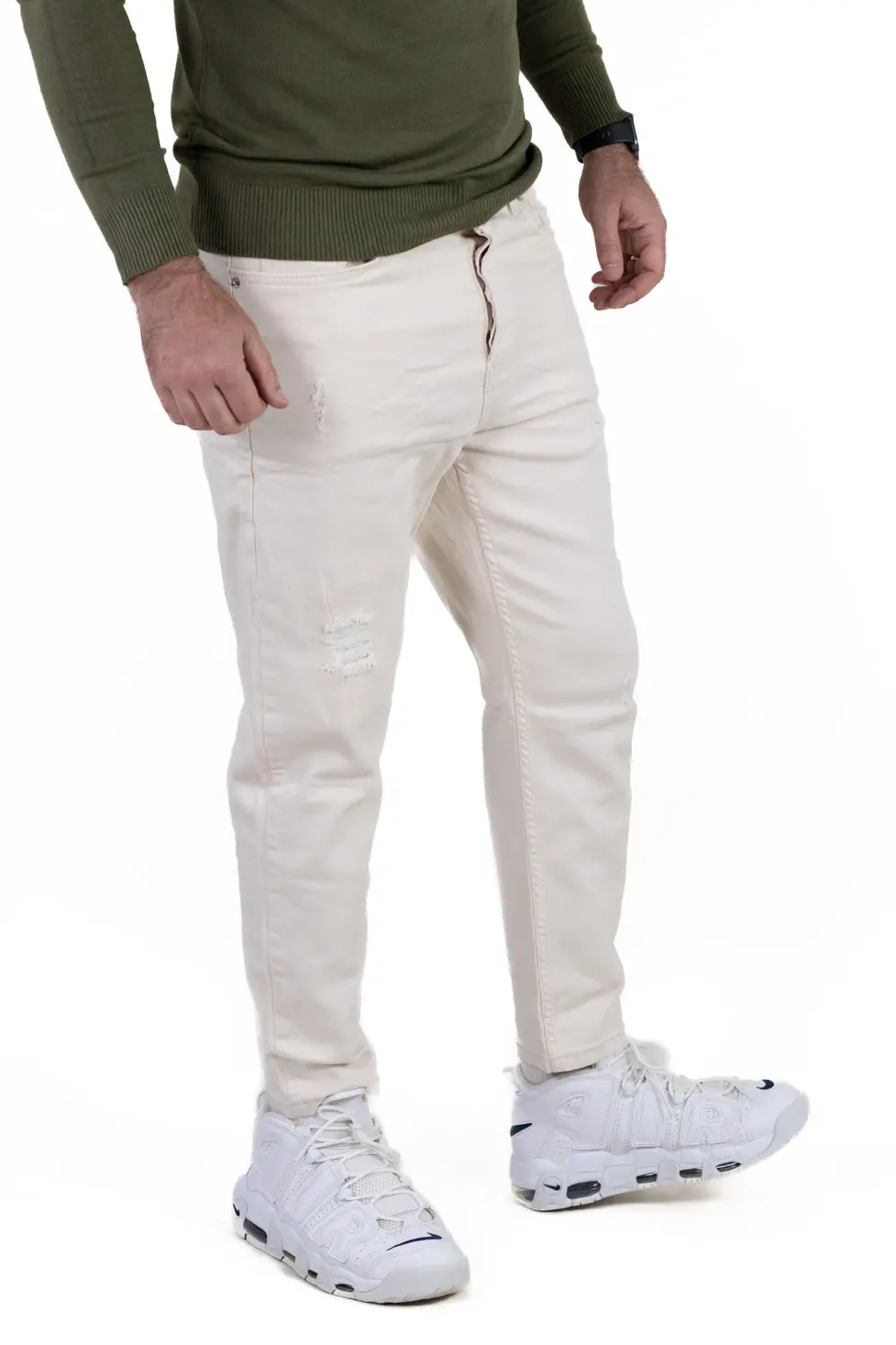 Blugi simpli boyfriend bărbați crem cu rupturi [4]