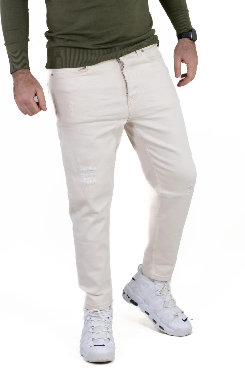 Noutati - Blugi simpli boyfriend bărbați crem cu rupturi