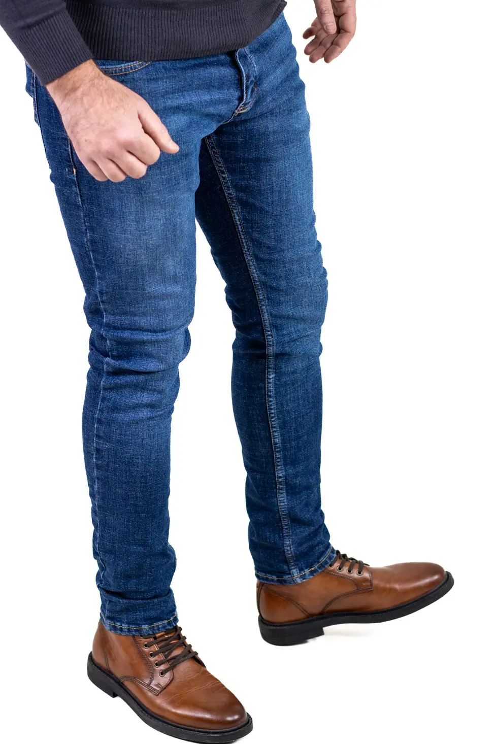 Blugi simpli albaștri bărbați regular fit, cu efect prespalat [4]