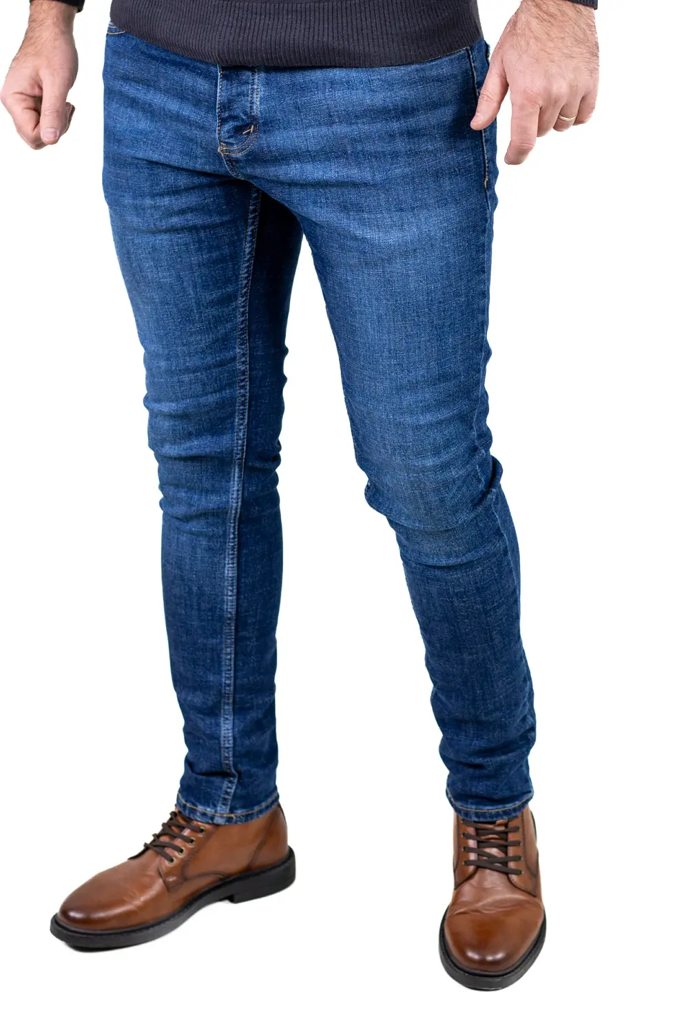 Blugi simpli albaștri bărbați regular fit, cu efect prespalat [1]
