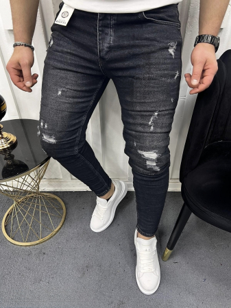 Promotii - Blugi skinny fit negri cu rupturi albe