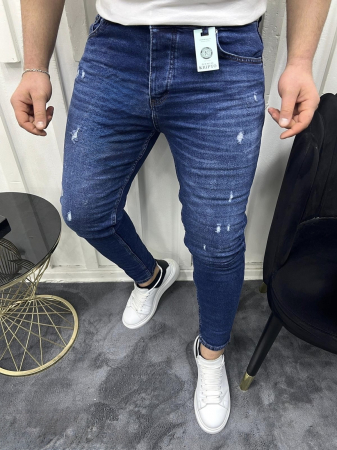 Promotii - Blugi skinny fit albastru inchis cu zgarieturi