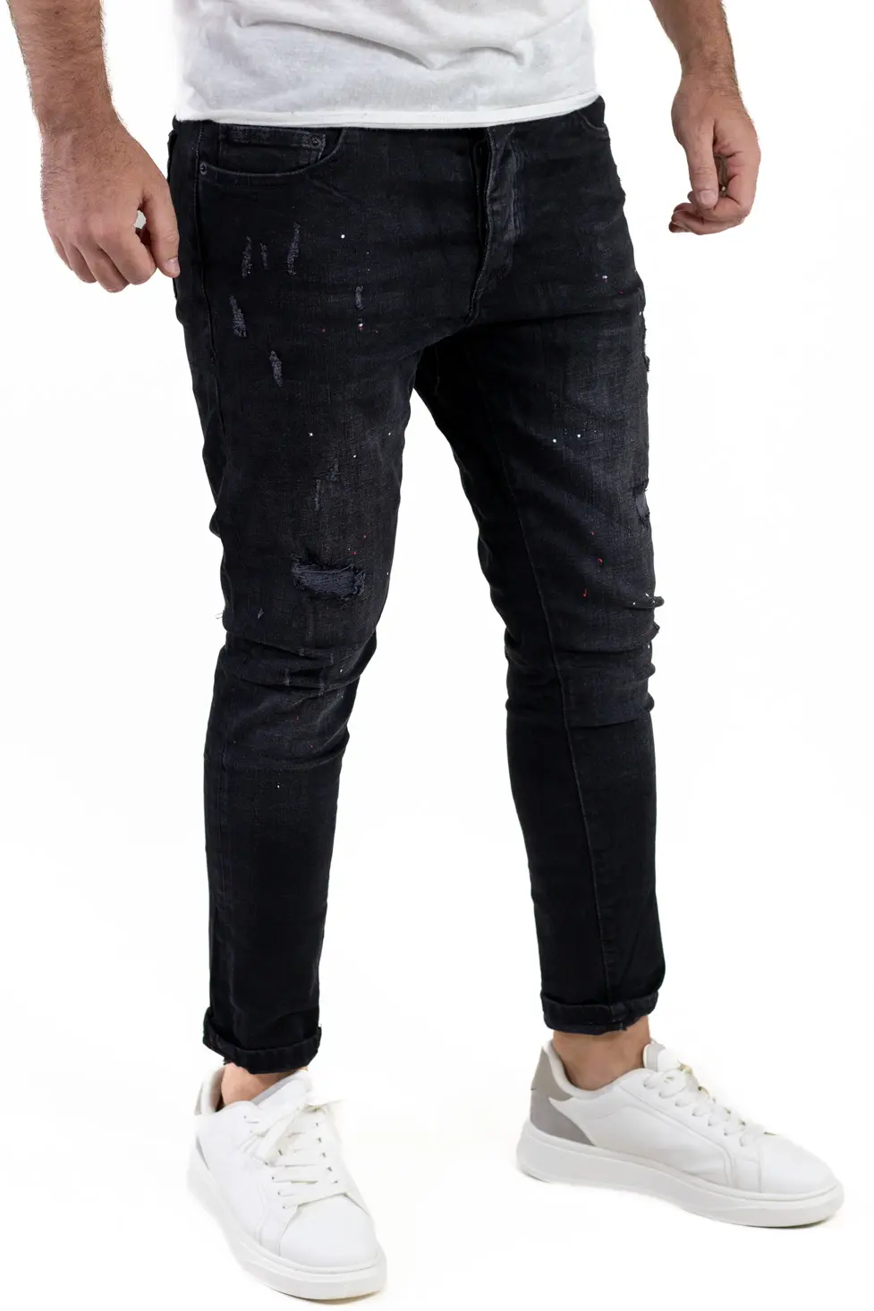 Promotii - Blugi skinny fit negri cu pete de vopsea bărbați