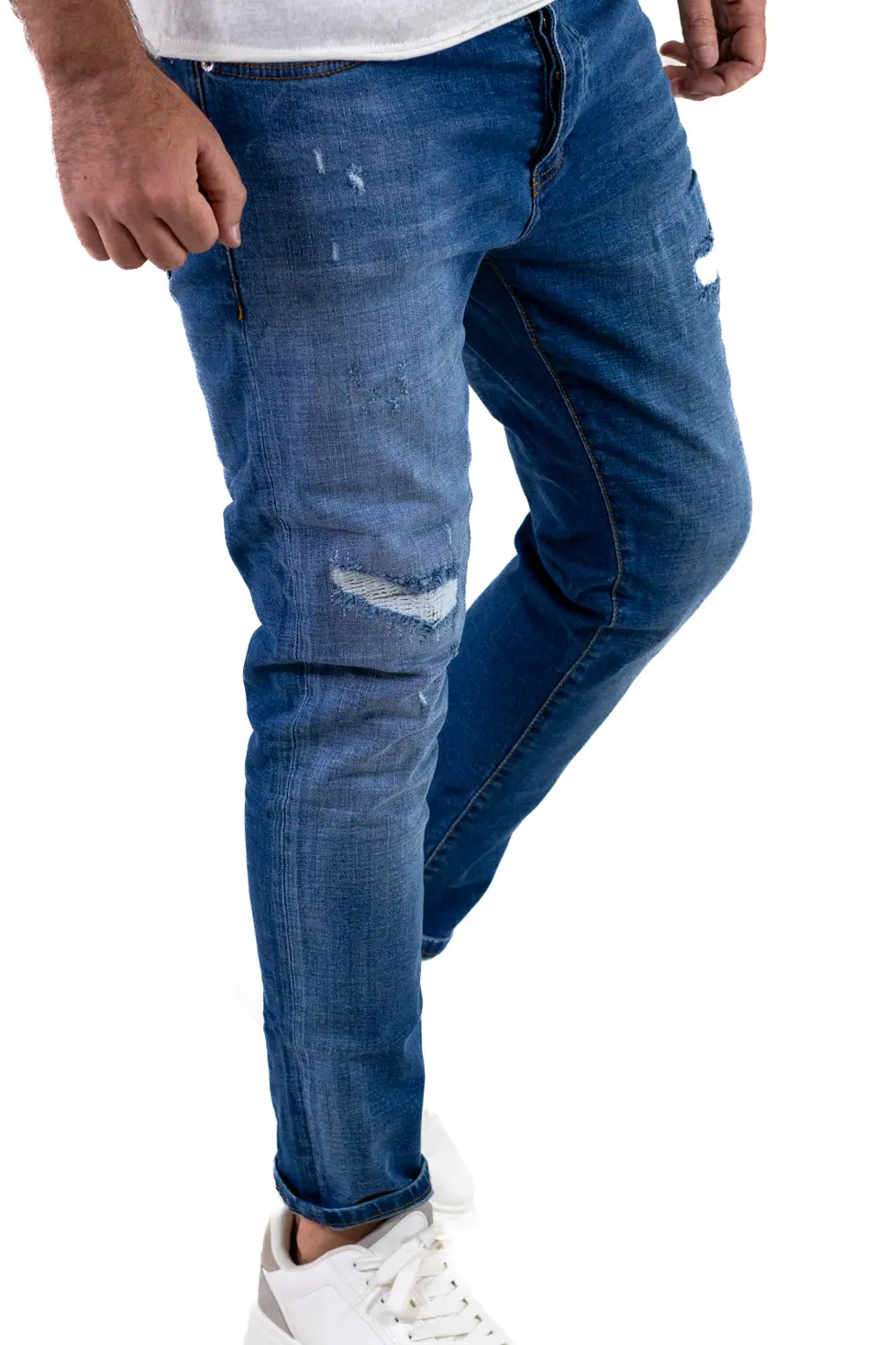 Blugi skinny fit albastri pentru bărbați, cu rupturi albe [4]