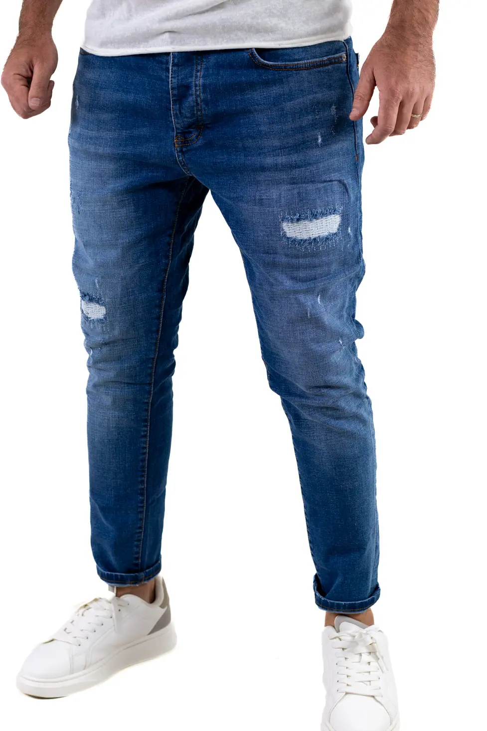 Promotii - Blugi skinny fit albastri pentru bărbați, cu rupturi albe