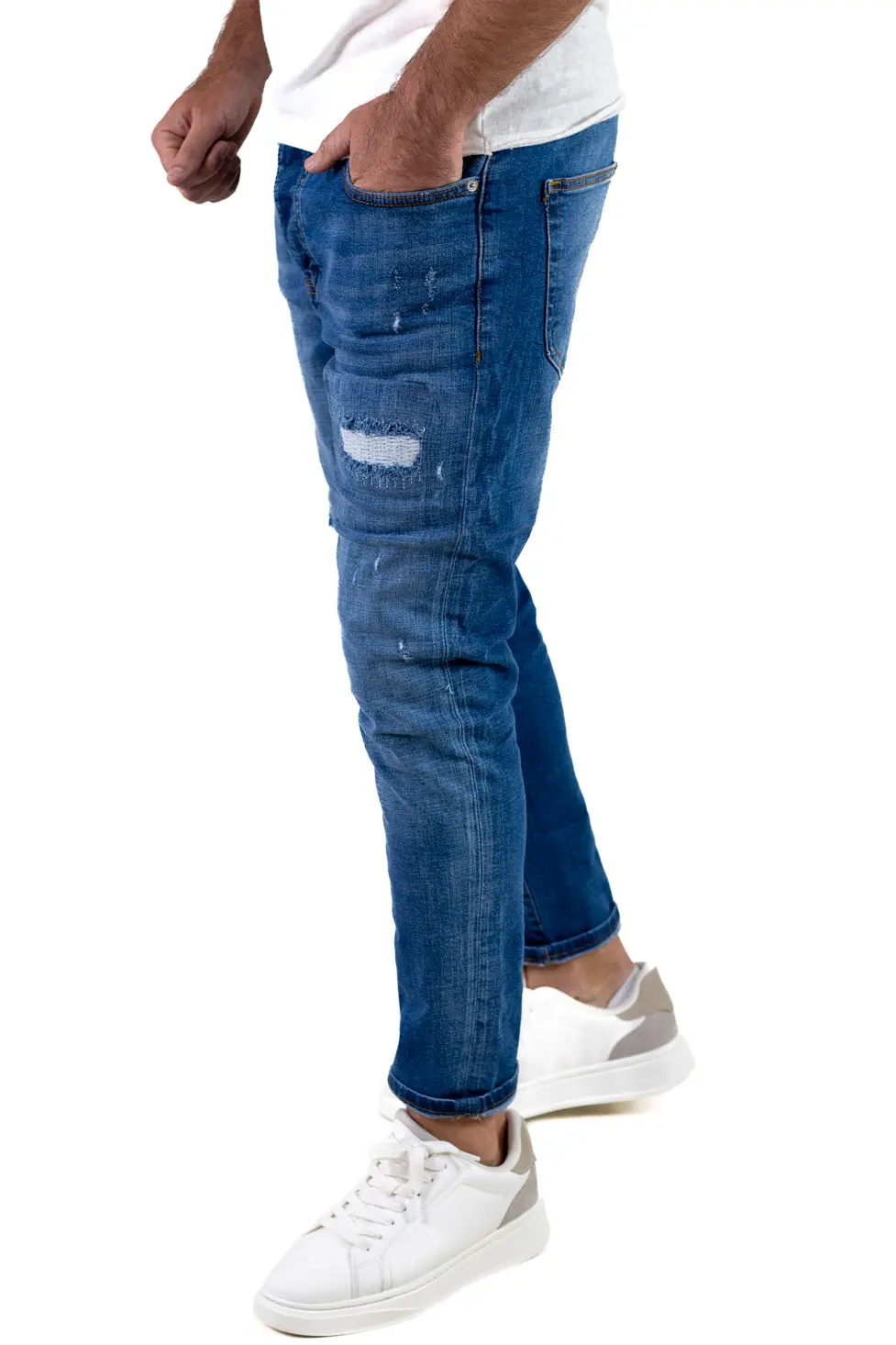 Blugi skinny fit albastri pentru bărbați, cu rupturi albe [5]