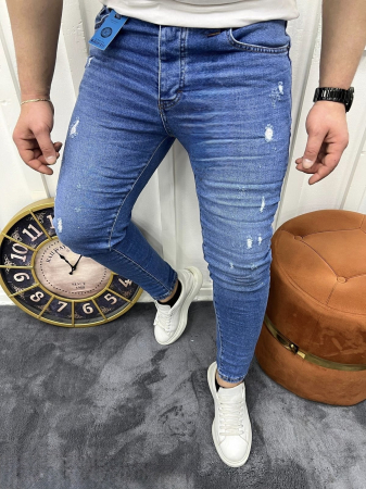 Promotii - Blugi skinny fit albastru denim cu zgarieturi