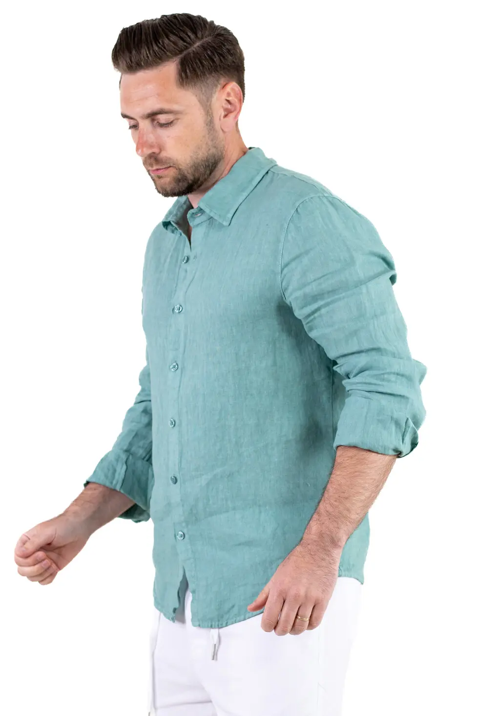 Barbati - Cămașă verde aqua 100% din in cu guler clasic