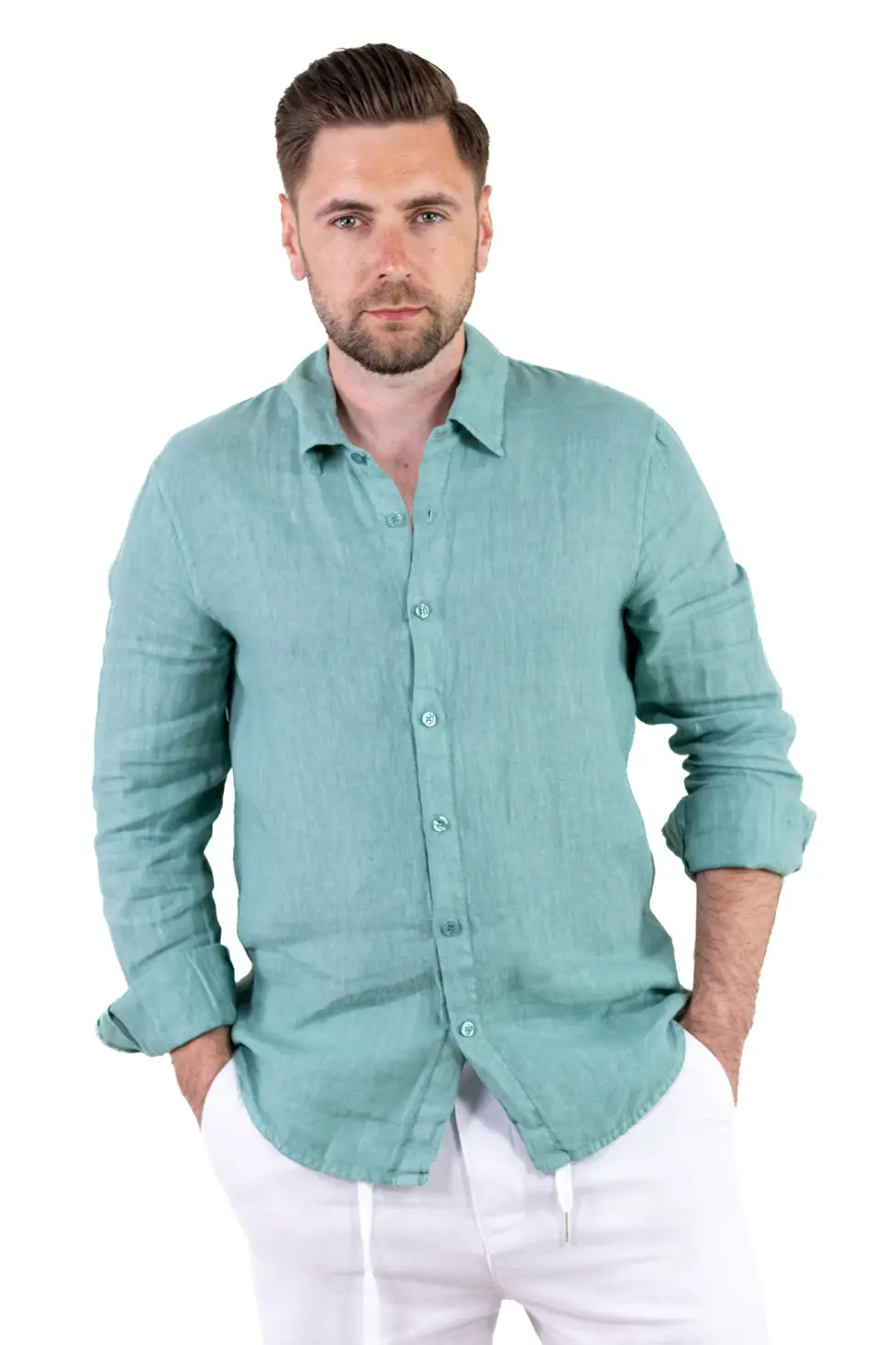 Cămașă verde aqua 100% din in cu guler clasic [3]