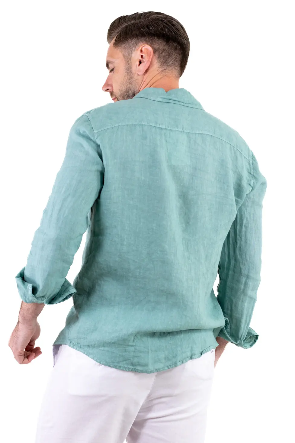 Cămașă verde aqua 100% din in cu guler clasic [4]