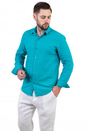 Barbati - Cămașă turcoaz 100% din in cu guler clasic