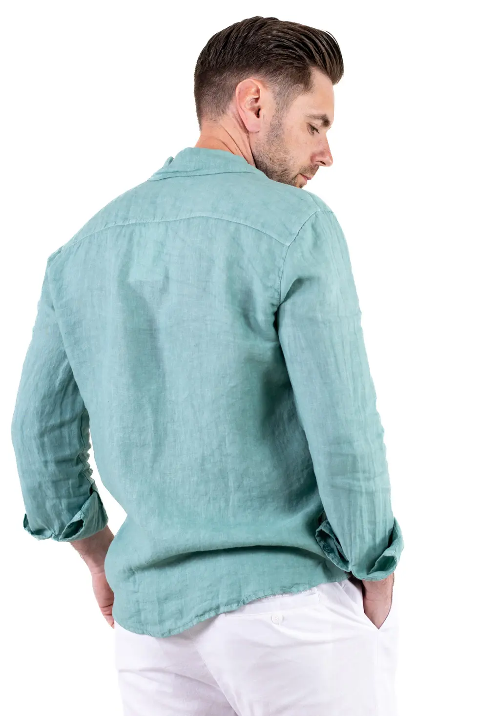 Cămașă verde aqua 100% din in cu guler clasic [5]