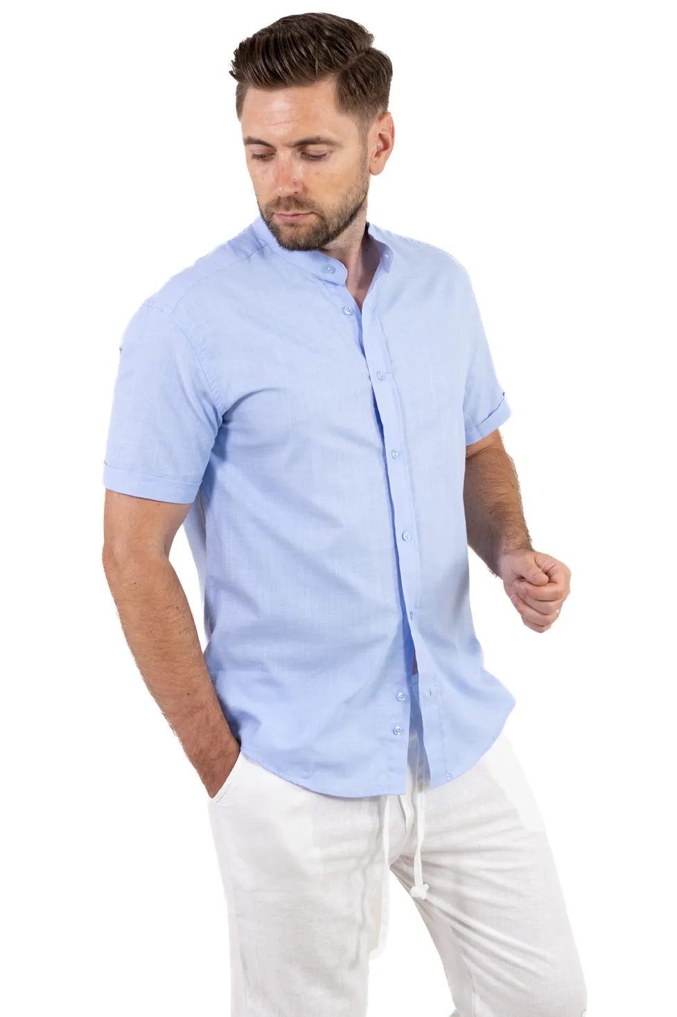 Camasi de bumbac - Cămașă bărbați albastru deschis guler tunică – 100% bumbac, vară