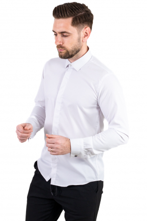 Camasi slim fit - Camasa eleganta cu nasturi ascunsi si butoni negri