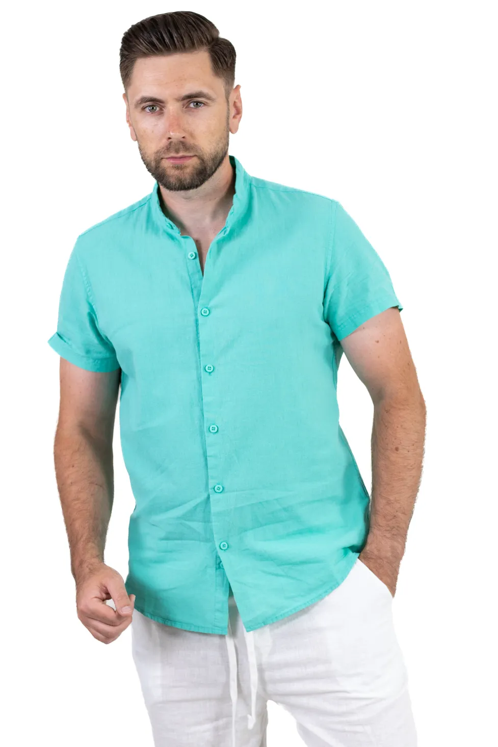 Camasi de in - Cămașă bărbați verde aqua din in, guler tunică, mânecă scurtă