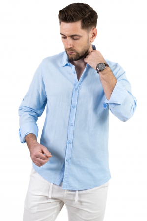 Barbati - Camasa albastru deschis din in cu guler normal