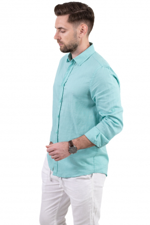 Camasi de in - Camasa verde aqua din in cu guler normal