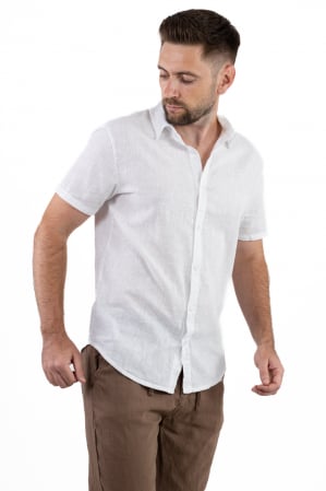 Camasi de in - Camasa alba din in cu maneca scurta si guler normal