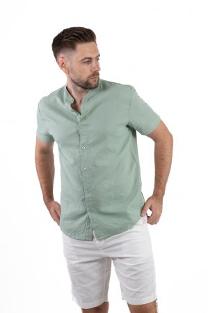 Camasi de in - Camasa verde aqua din in cu maneca scurta si guler tunica