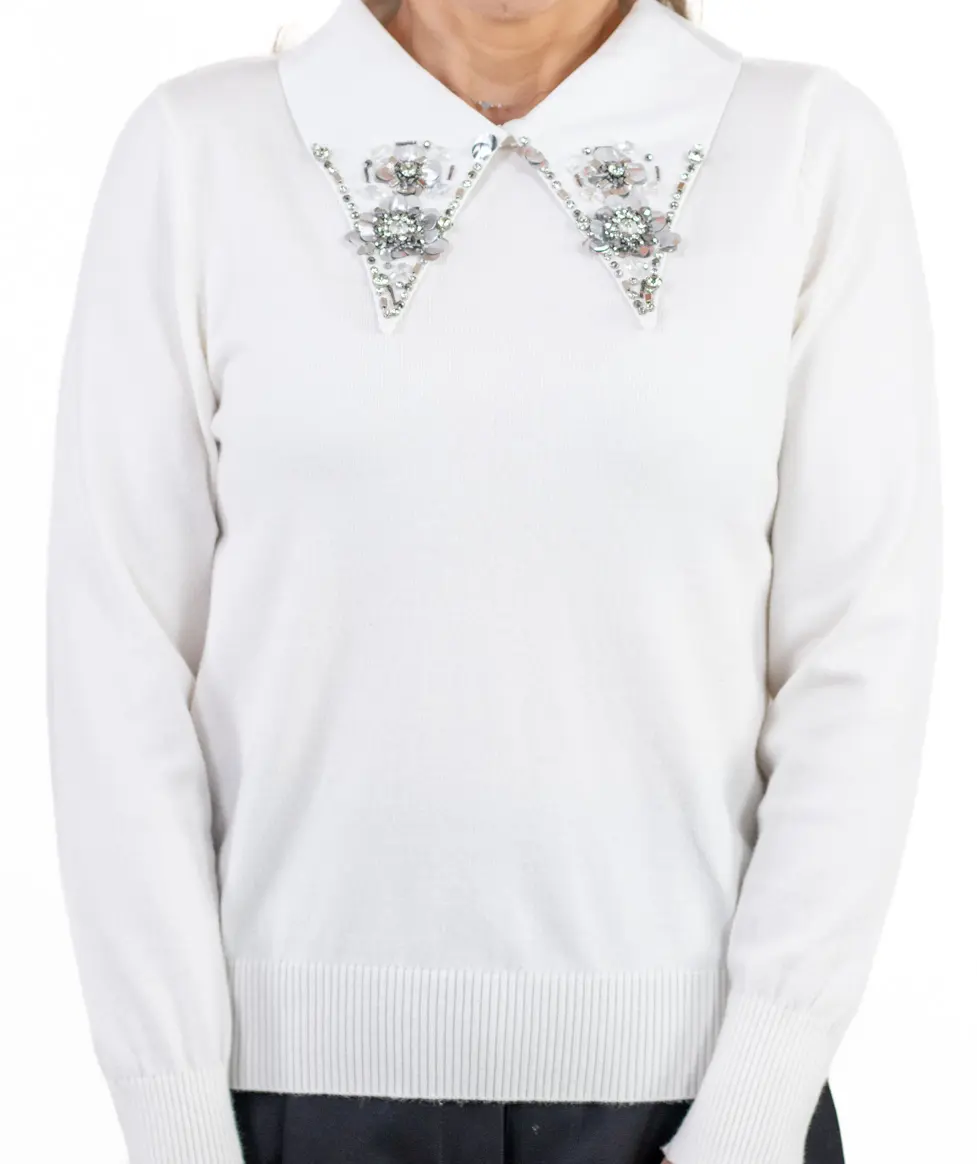 Noutati - Pulover elegant cu guler strass pentru femei – tricot fin, material premium