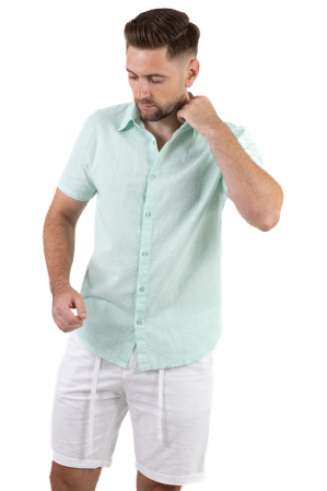 Camasi de in - Camasa verde aqua din in cu maneca scurta si guler normal