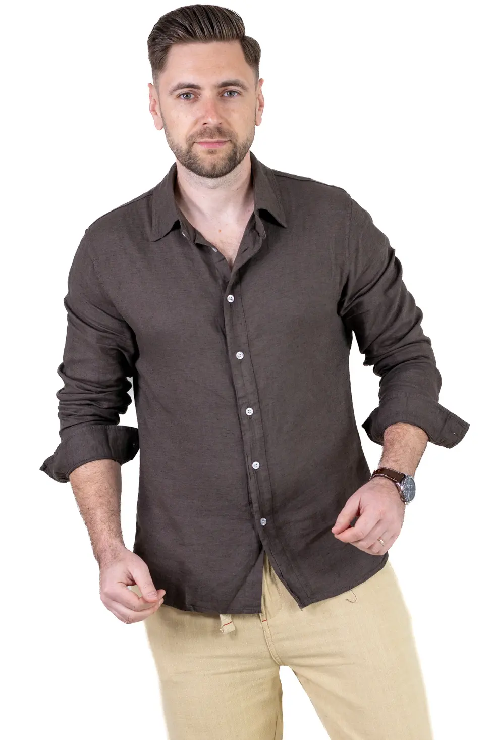 CAMASI - Cămașă maro din in 100% – Made in Italy