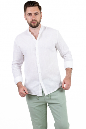 Barbati - Cămașă albă 100% din in cu guler tunică