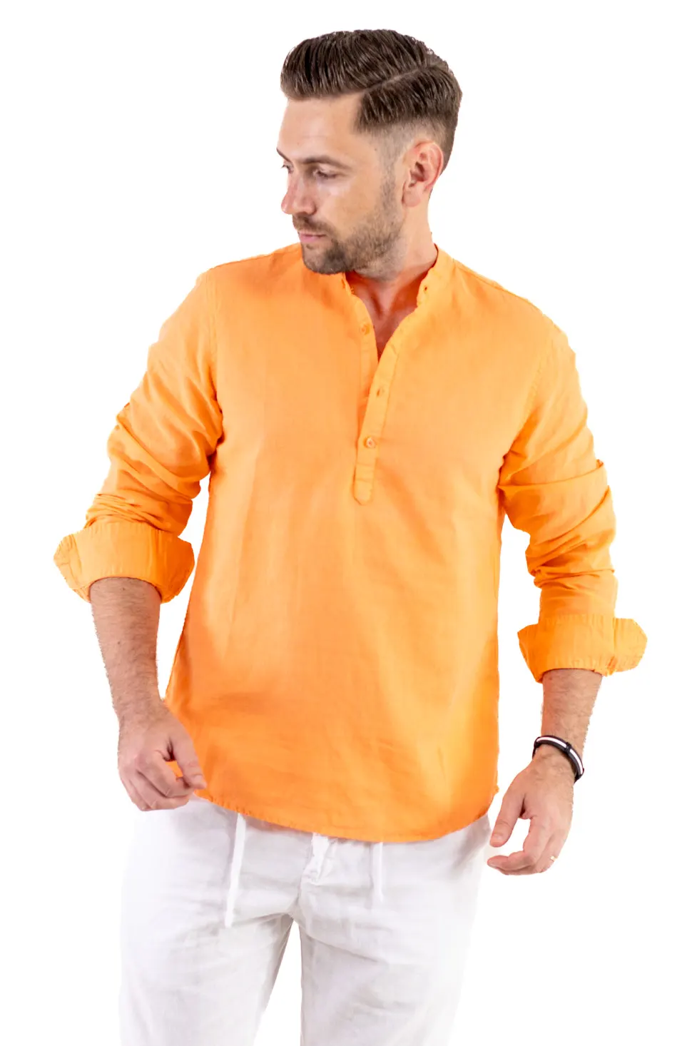 Barbati - Camasa orange din in cu patru nasturi