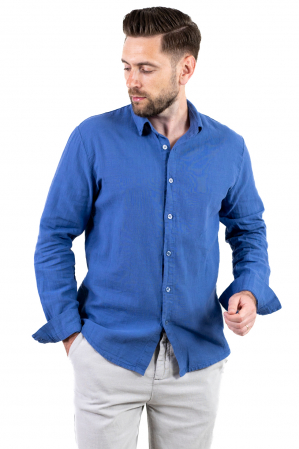 Cămașă albastru denim 100% din in cu guler clasic [7]
