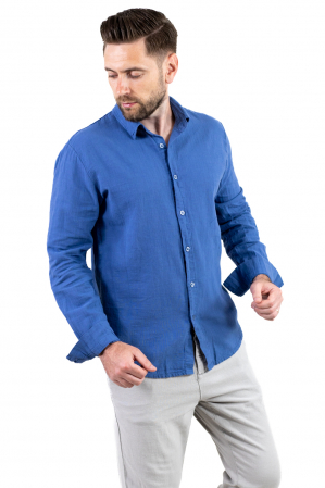 Camasi de in - Cămașă albastru denim 100% din in cu guler clasic