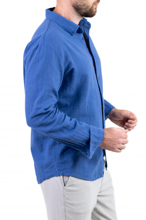 Cămașă albastru denim 100% din in cu guler clasic [4]