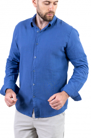 Cămașă albastru denim 100% din in cu guler clasic [3]