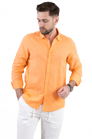 Camasi de in - Camasa orange din in cu guler normal