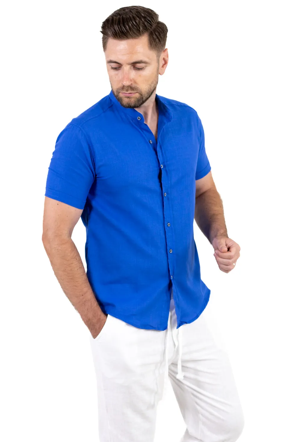 Camasi de bumbac - Cămașă bărbați albastra guler tunică – 100% bumbac, vară
