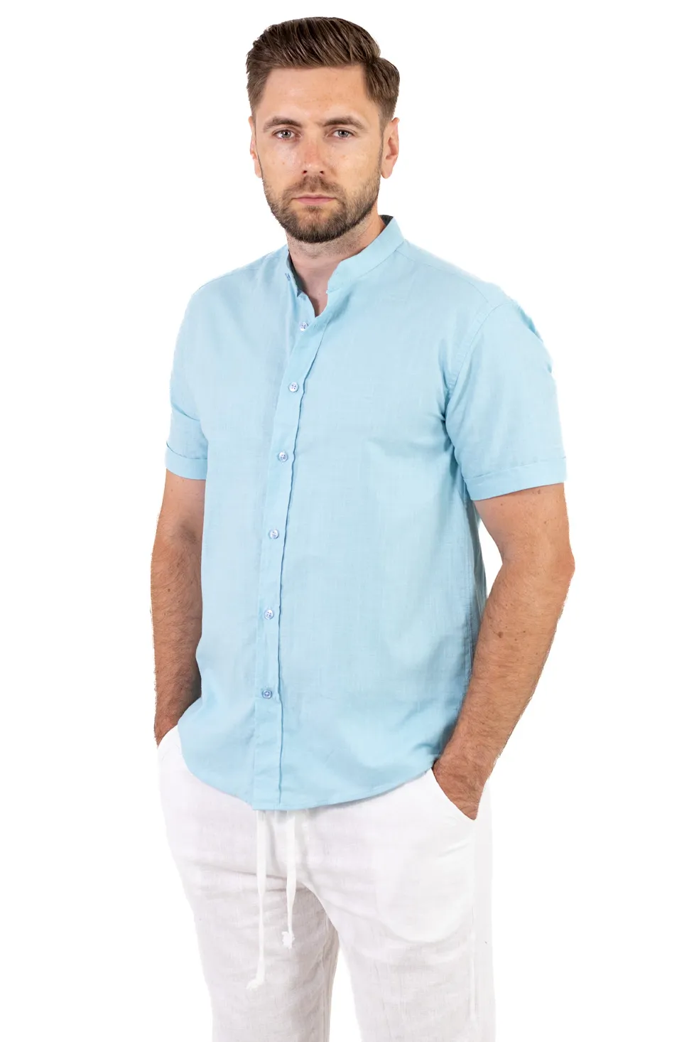 Camasi de bumbac - Cămașă bărbați Bleu aqua guler tunică – 100% bumbac, vară