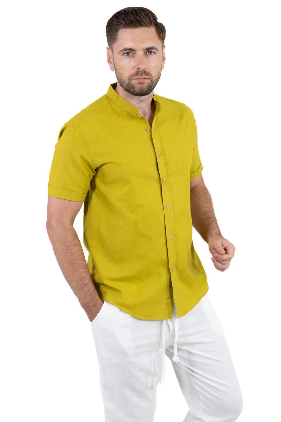 Camasi de bumbac - Cămașă bărbați galben mustar guler tunică – 100% bumbac, vară