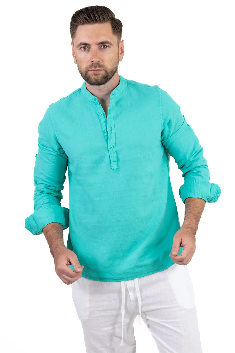 Camasi de in - Camasa verde aqua din in cu patru nasturi