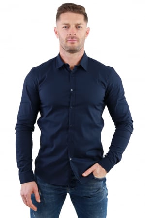Camasi de bumbac - Camasa slim fit bleumarin guler normal