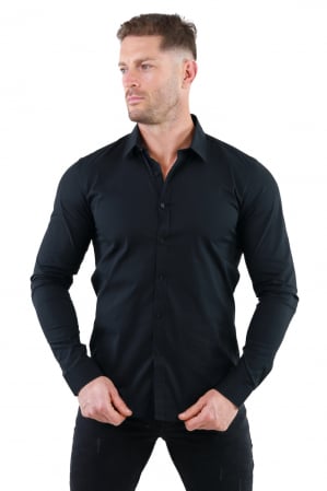 Camasi de bumbac - Camasa regular fit neagra guler normal