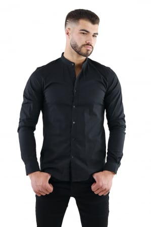 Camasi de bumbac - Camasa slim fit neagra guler tunica