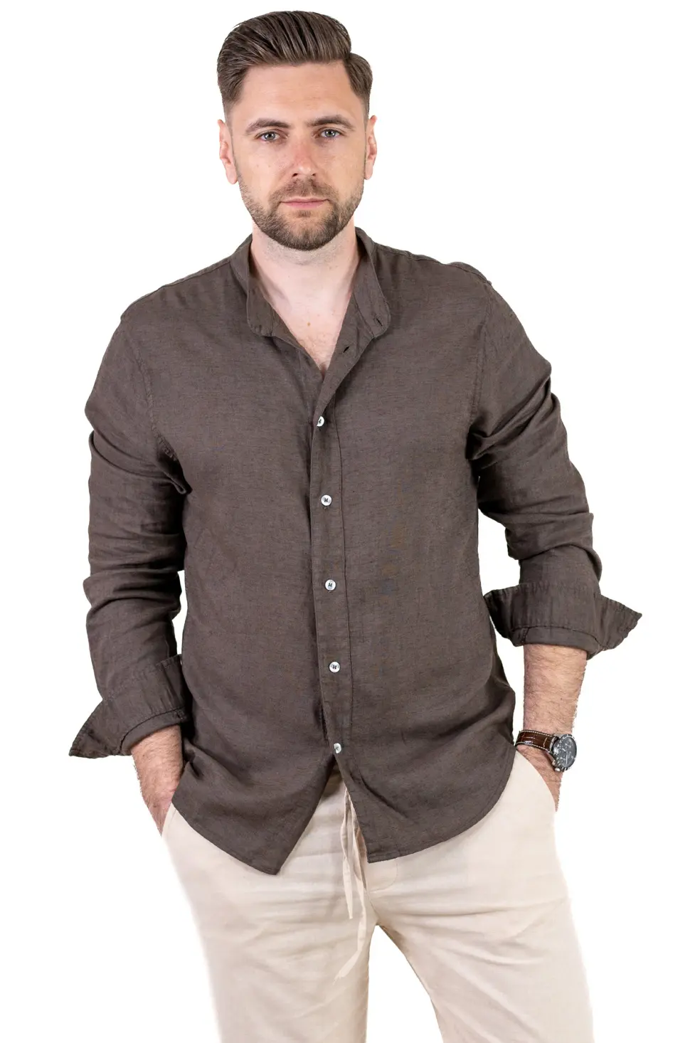 Barbati - Cămașă maro din in 100% – Made in Italy
