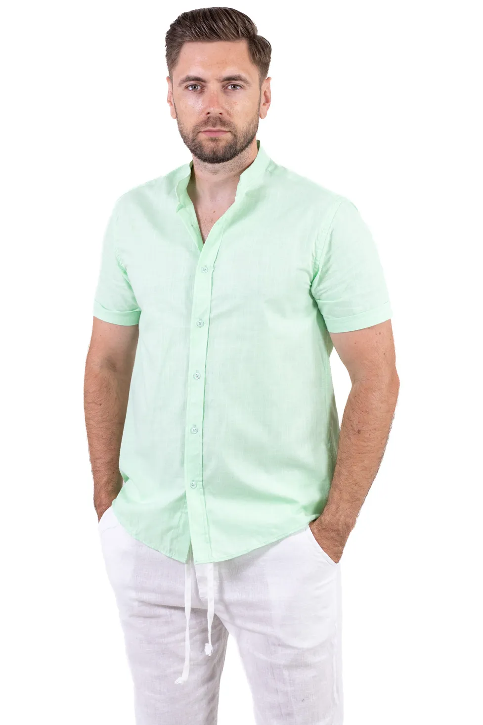 Camasi de bumbac - Cămașă bărbați verde aqua guler tunică – 100% bumbac, vară