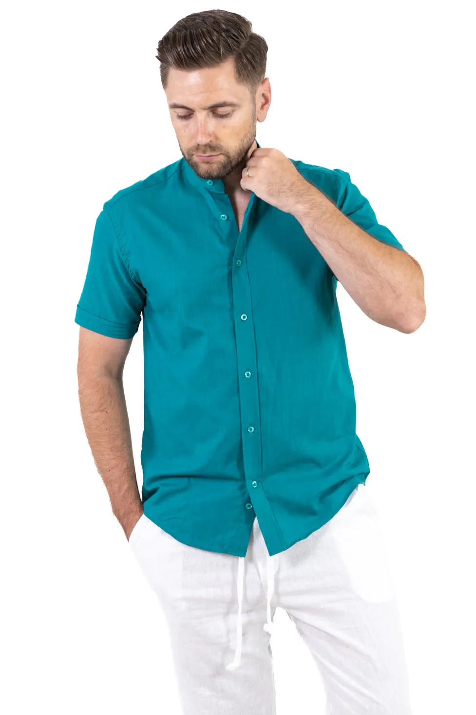 Camasi de bumbac - Cămașă bărbați verde petrol guler tunică – 100% bumbac, vară