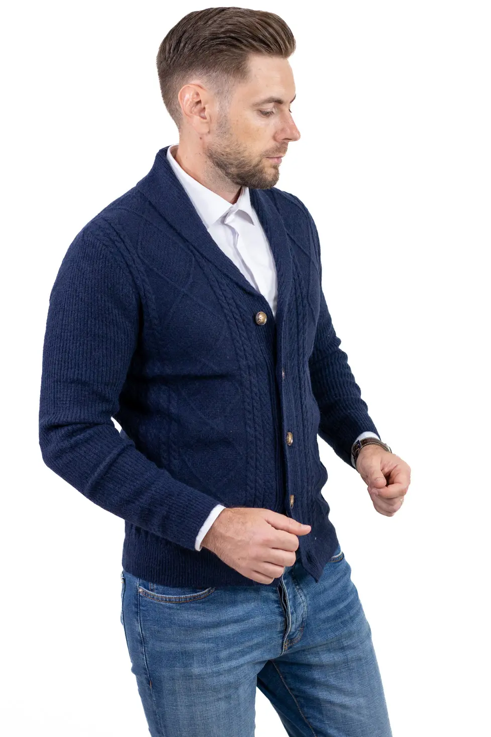 Cardigan bărbați bleumarin cu torsade și rever [4]